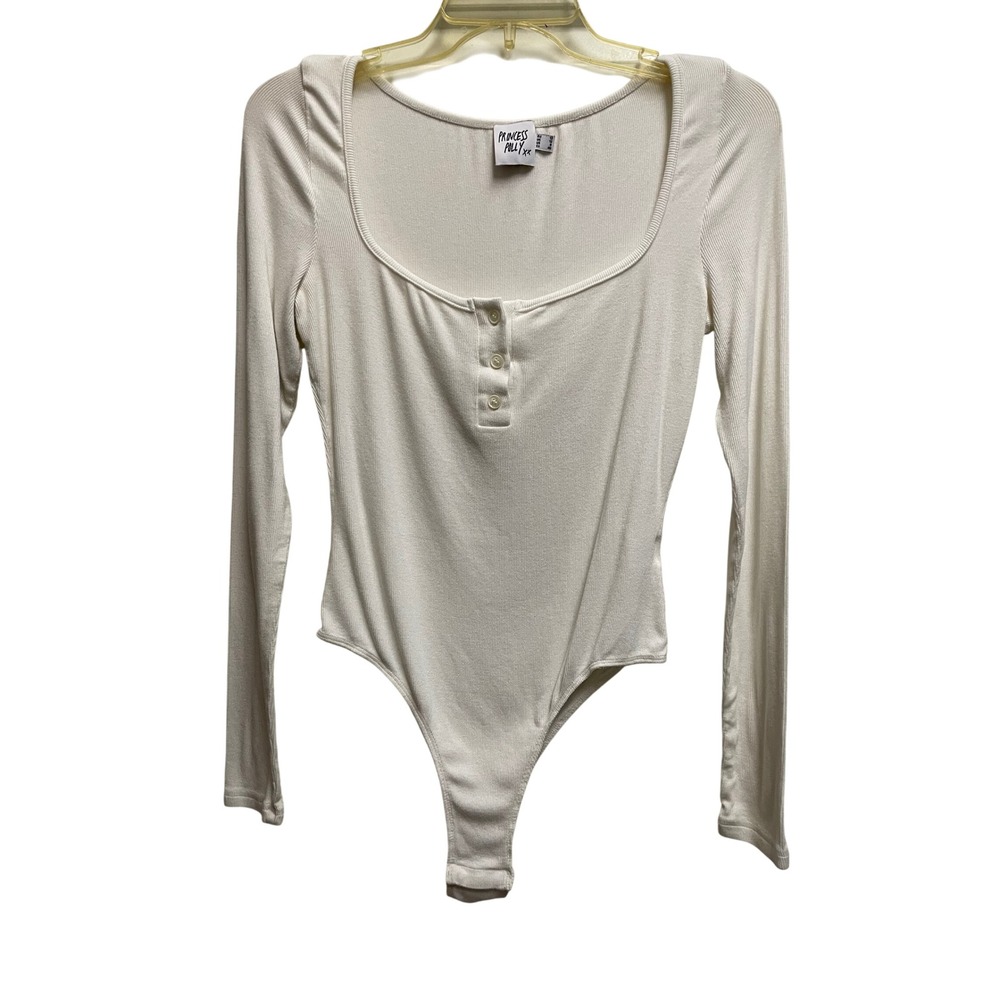 Princess Polly Womens Ribbed Henley Long Sleeve Bodysuit Cream White Size 8